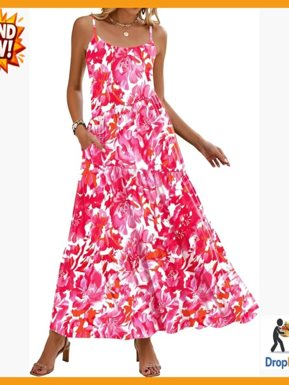 Sleeveless Maxi Dress Casual Beach Spaghetti Strap Tiered Side Pockets
